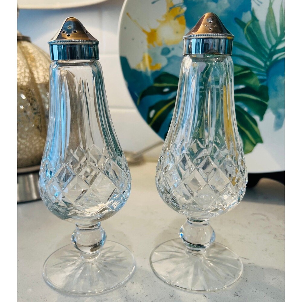 Vtg WATERFORD CRYSTAL Lismore Tall Footed 6.25"  Salt Pepper Shaker Set IRELAND